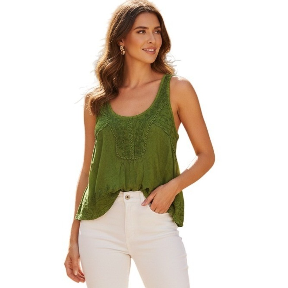 Rhea Green Embroidered Baby-Doll Crop‎ Tank Top S M Handmade Viscose Boho